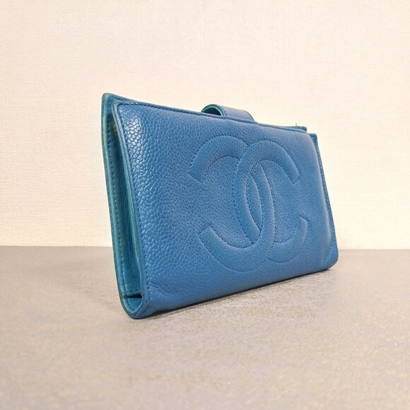 🔥💎 Chanel Caviar Kiss Lock Leather CC Logo Long Wallet Purse Blue Full set - Picture 9 of 16